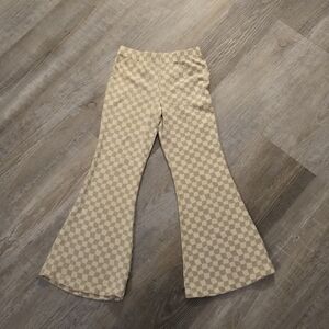 Messy Bun Girls Tan Checkered Print Flare Pants